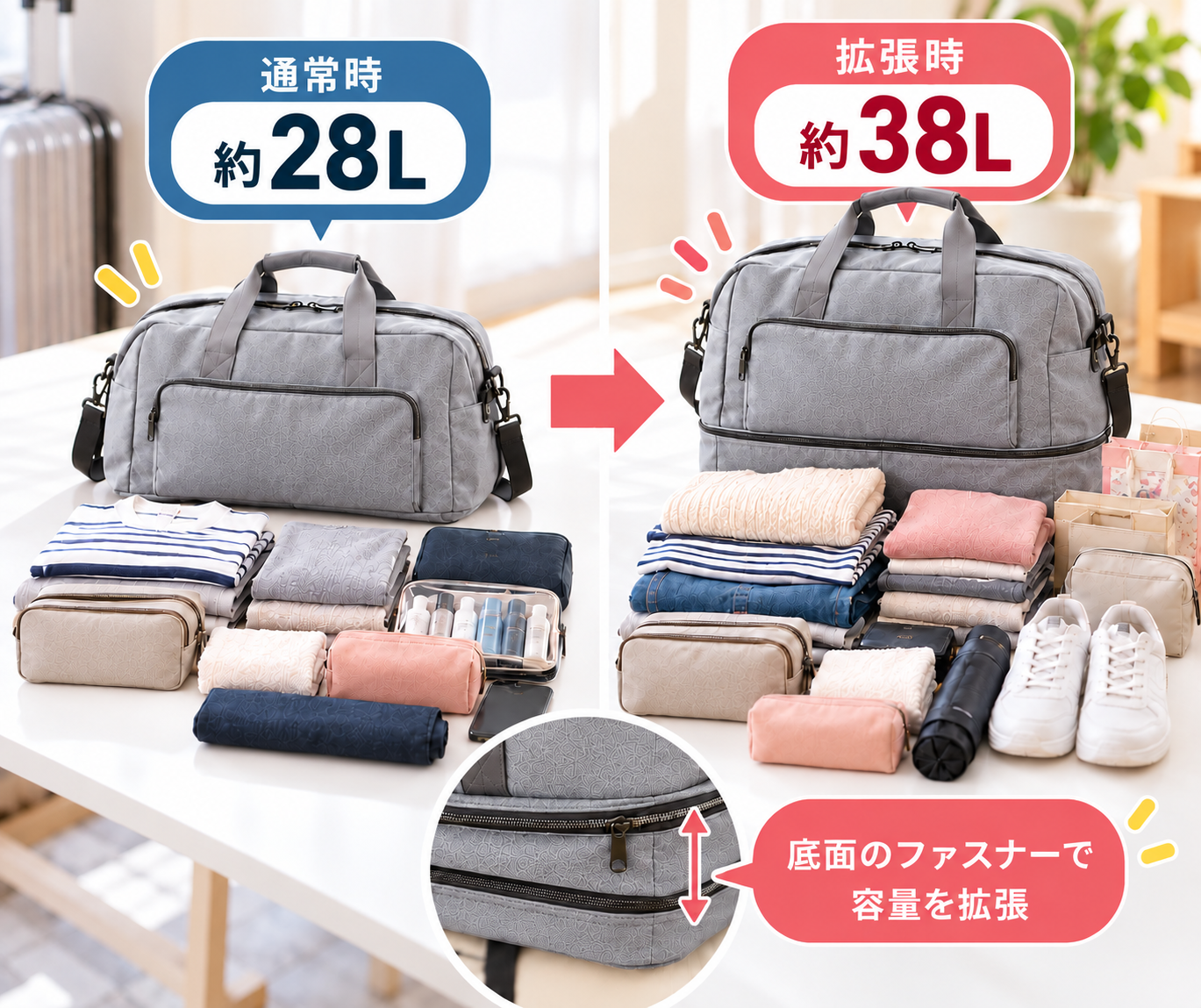 容量を約28Lから約38Lへ拡張できる旅行用ボストンバッグのイラスト