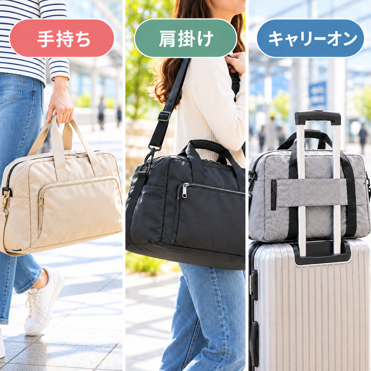 旅行用ボストンバッグの持ち運び方を紹介するイラスト