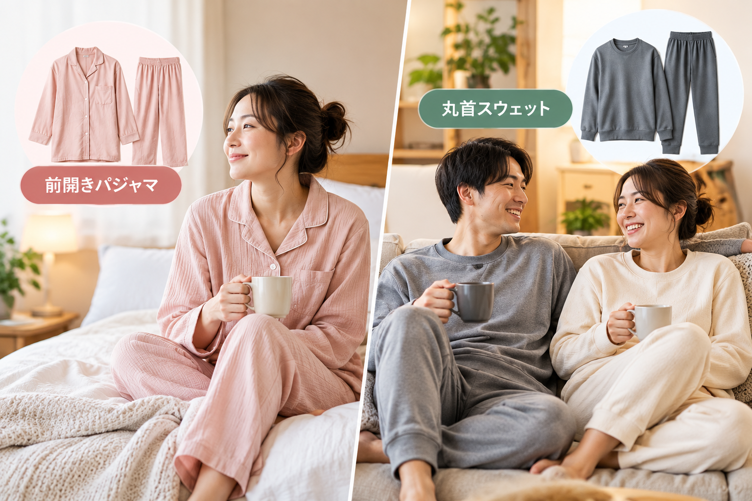 前開きパジャマと丸首スウェットの形状を比較したイラスト