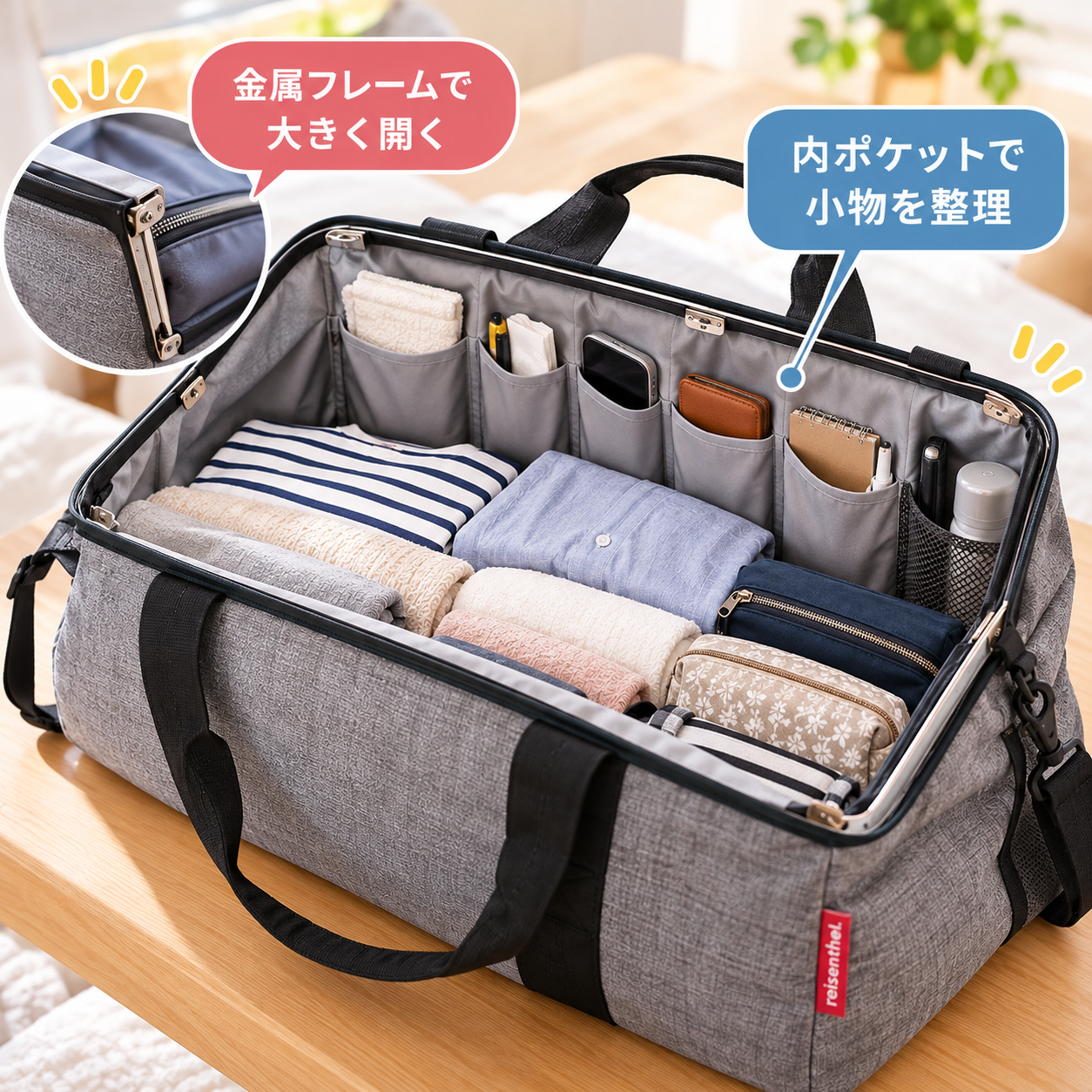 大きく開く開口部が特徴の旅行用ボストンバッグのイラスト