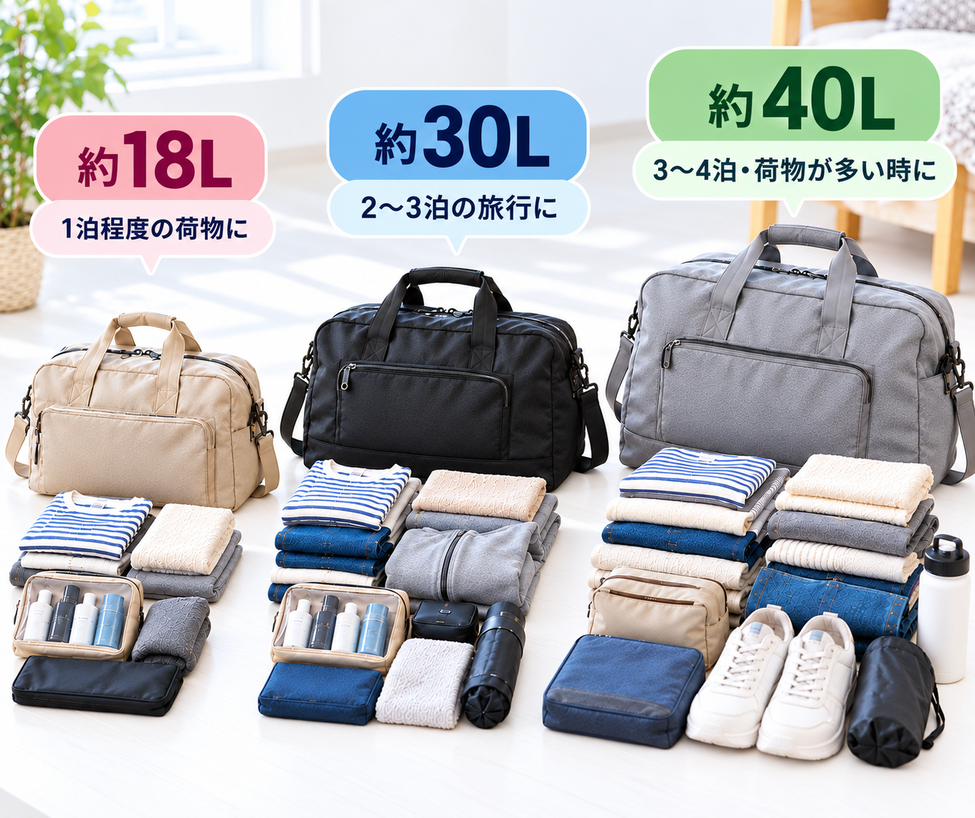 旅行用ボストンバッグの容量別の荷造りを比較したイラスト