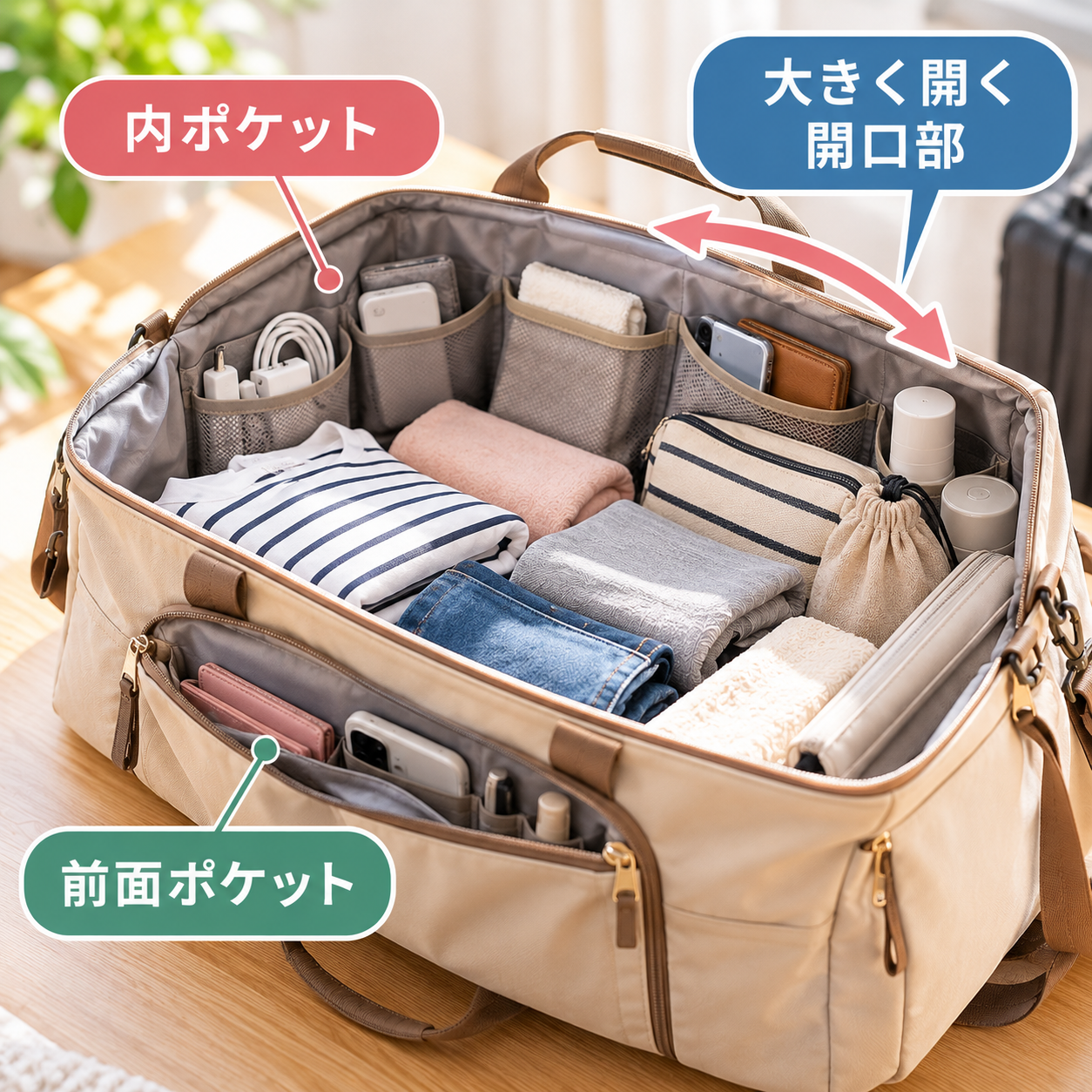 旅行用ボストンバッグの収納と荷物の整理を紹介するイラスト
