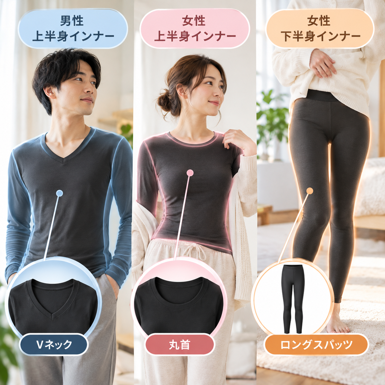長袖インナーやスパッツなどの着用方法を紹介するイラスト